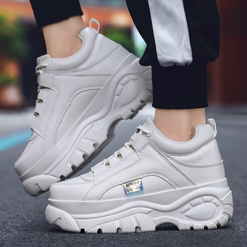 Tyk sål kvinder sneakers læder platform kvindelige fritidssko chunky sneakers efterår vinter kvinder creepers  xu128