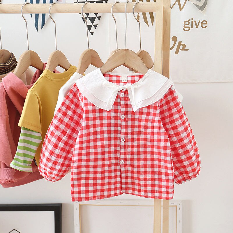 Baby Meisjes Shirt Little Peuter Lente Katoen Blouse Lnfant Roze Raster Bowtie Zachte Casual Leuke Comfortabele Strik Ronde Kraag: red / 100