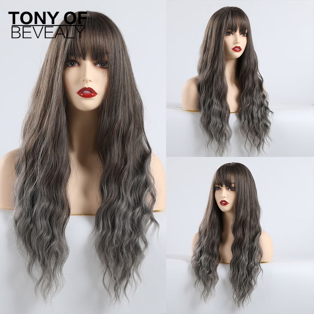 Pelucas de pelo Afro Natural ondulado largo sintético con flequillo para mujeres negras, pelucas onduladas marrones grises y grises con flequillo, fibra resistente al calor