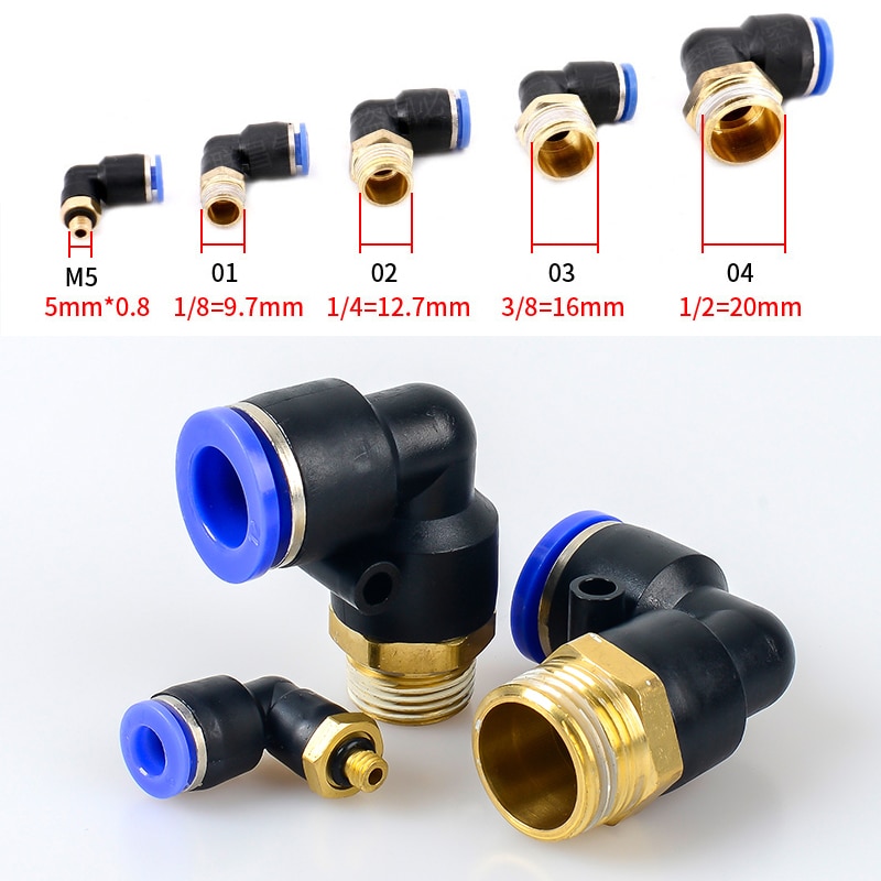 Pl pneumaattinen liitin 4mm-12mm letku  od 1/8 " 1/4 " 3/8 " 1/2 " uros pneumaattinen kierre putki kulmaliitin putki ilma työnnetään sisään