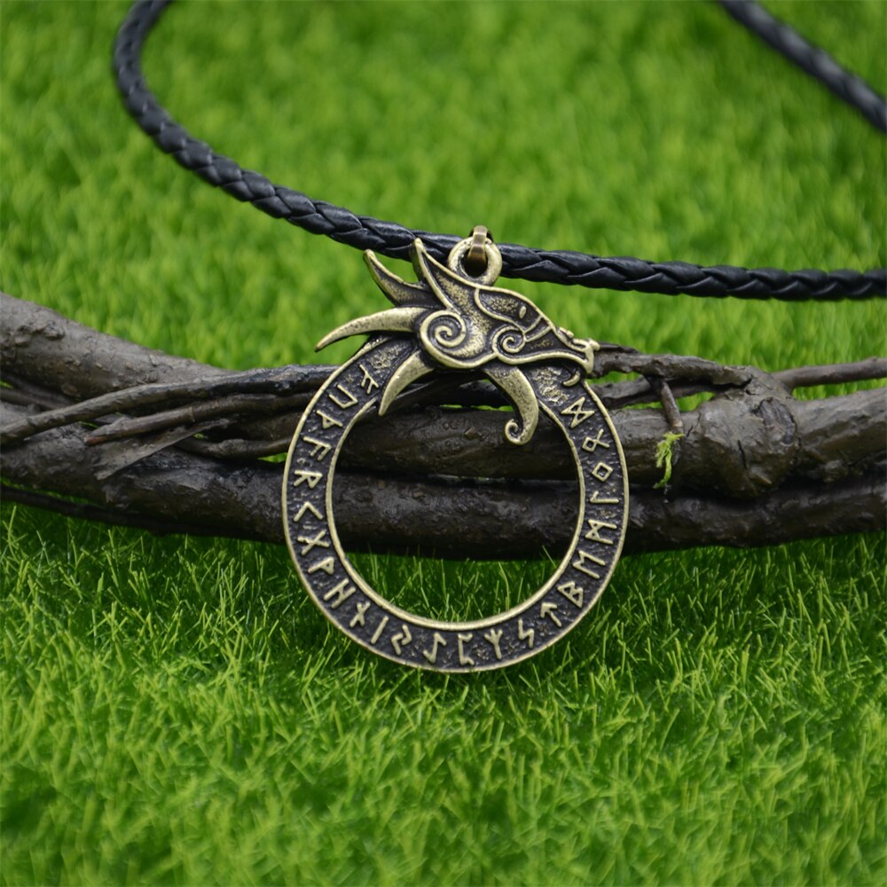 Runiczne runy amulet gotyckie akcesoria Ouroboros Norse smok Got naszyjnik wiking talizman biżuteria: skórzany Chain brązowy