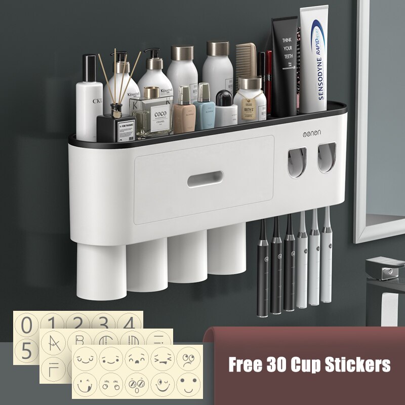 Magnetic Adsorption Inverted Toothbrush Holder Double Automatic Toothpaste Squeezer Dispenser Storage Rack Bathroom Accessories: Black with 4cups