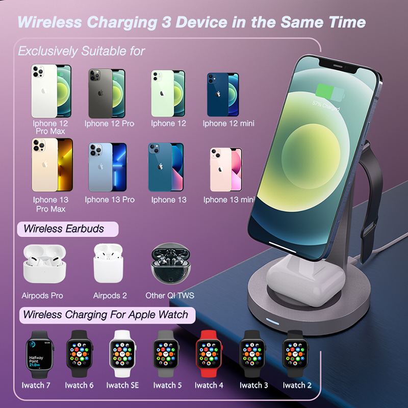 Tragbare magnetische  qi 15w 3 in 1- schnellladestation für iphone 12/12 /13/ iwatch 7/6/ se und airpods pro /2