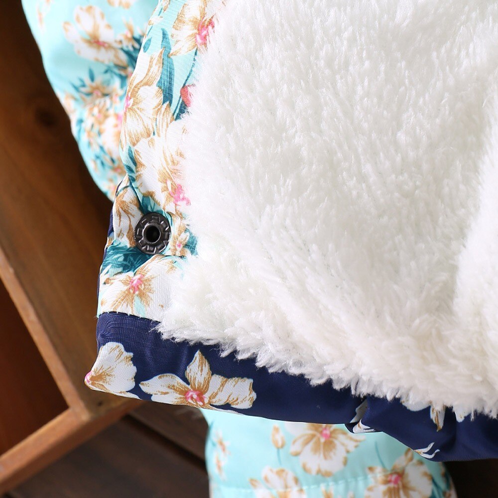 Baby Girl Boy Plus Fur Warm Jacket Toddler Floral Print Winter Warm Jacket Hooded Windproof Coat Baby's Thickened Cotton Padded