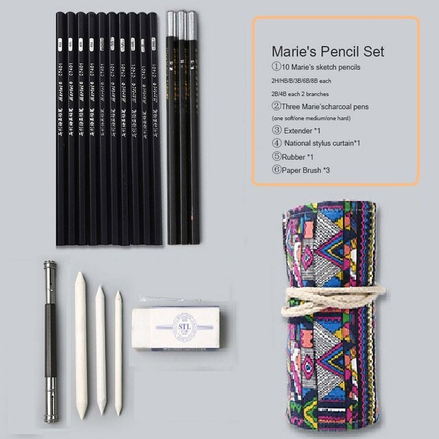 Sketch Pencil Set Charcoal Full Set of Student Entry Tools Painting Beginner Drawing Art Supplies: Strap 13pencils