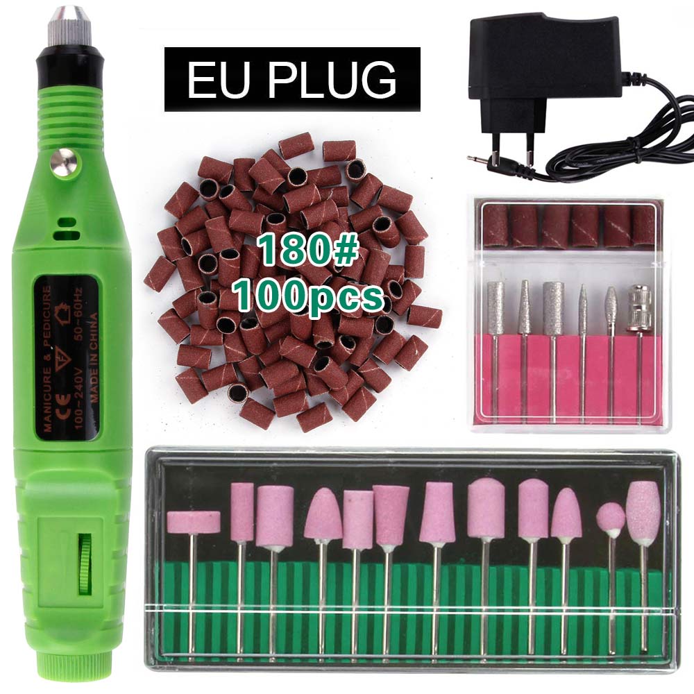 Elektryczne aparaty do Manicure urządzenie do Pedicure kwarcowe wiertła do paznokci 100Pc szlifowanie taśmy szlifierskie pilnik do paznokci bufor żel usuń: Green EU Plug 180