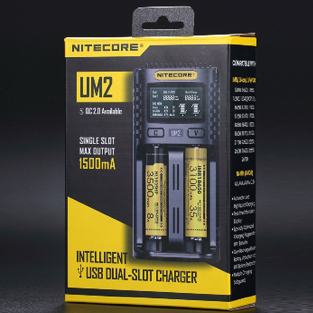 NITECORE UM2 Automatische Universele 3A Snellader Intelligente USB Dual-Slot Lader LCD Display Li-Ion IMR Batterij