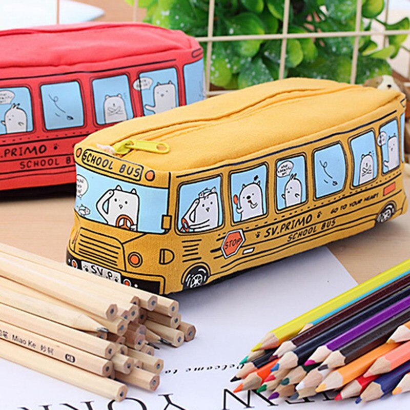 Creatieve Schattige Kleine Dier Schoolbus Briefpapier Canvas Etui Organizer Potlood Tas Kantoor School Briefpapier Supply