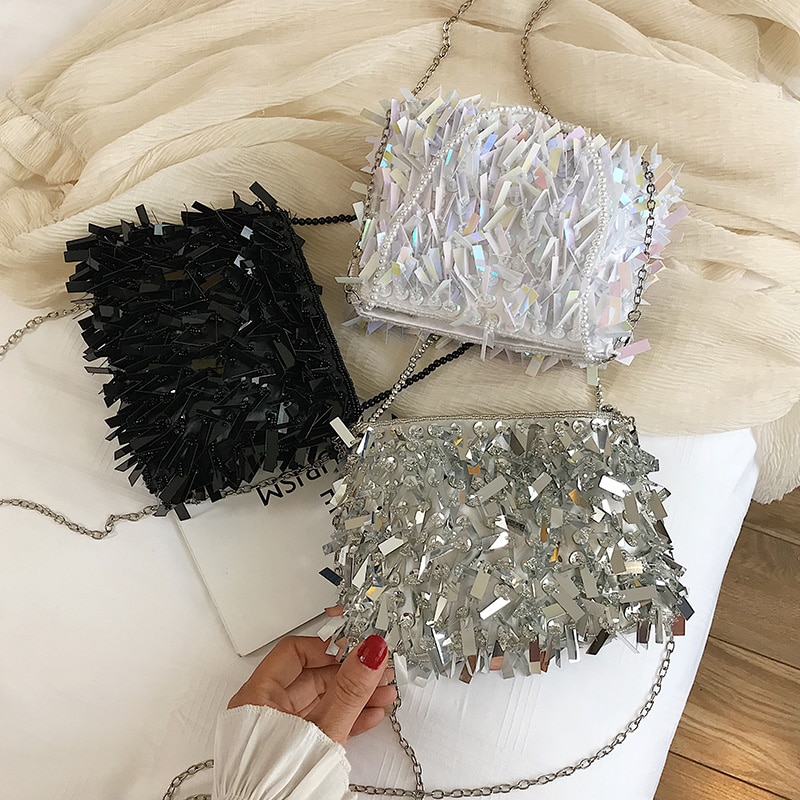 Luxe Zilveren Pailletten Strass Kwastje Vrouwen Kleine Schoudertassen Keten Elegante Dames Feestavond Clutch Purse