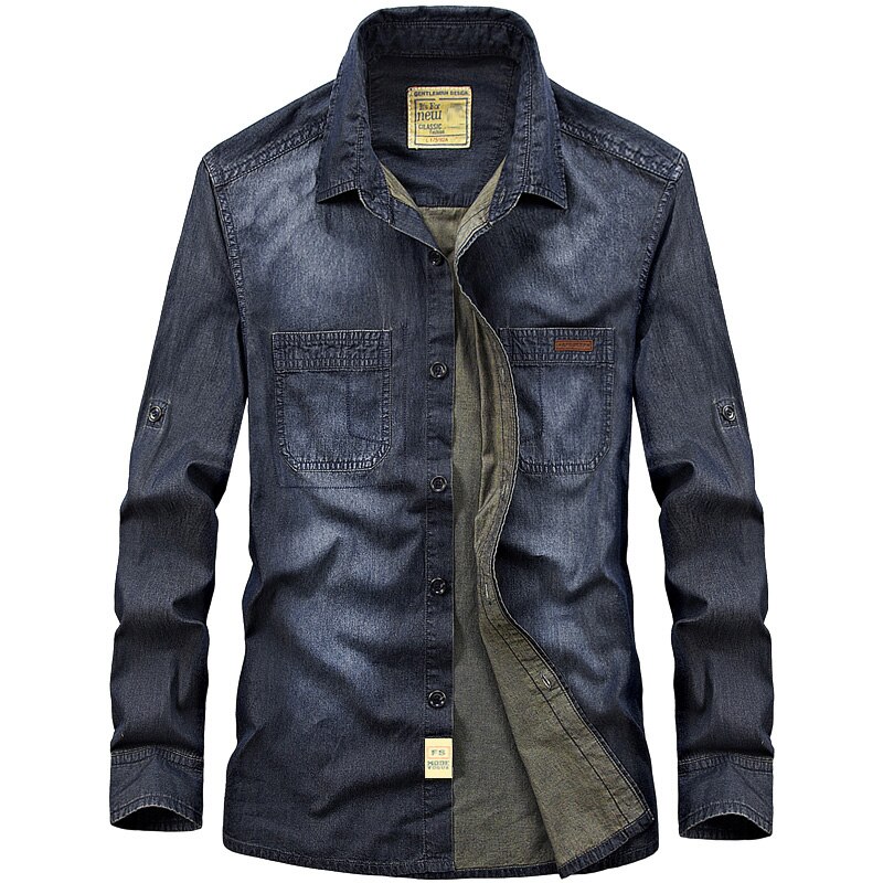 Vår europeisk herr casual stil cowboy svart skjorta man höst 100%  bomull klassisk denim blå långärmade skjortor: Mörk cowboy / M