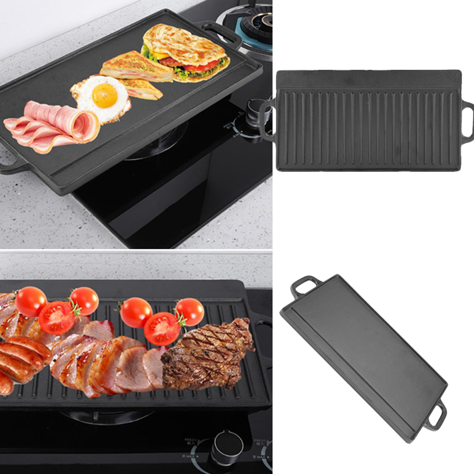 Griddle Pan Non-Stick Cast Iron Grill Griddle Pan Ridged and Flat Double Sided Baking Cooking Tray Bakeware Grill Pan