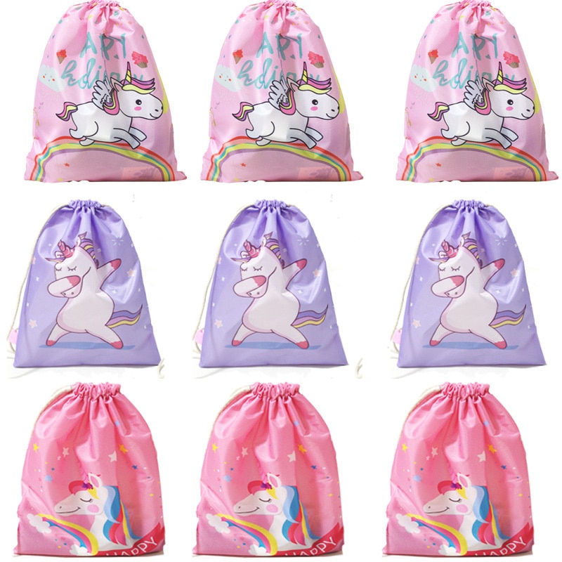 10 unids/pack unicornio cordón bolsillo cuerda tirando bailando caballo mochila chicas Lindo bolso de tela de poliéster al por mayor bolsas de