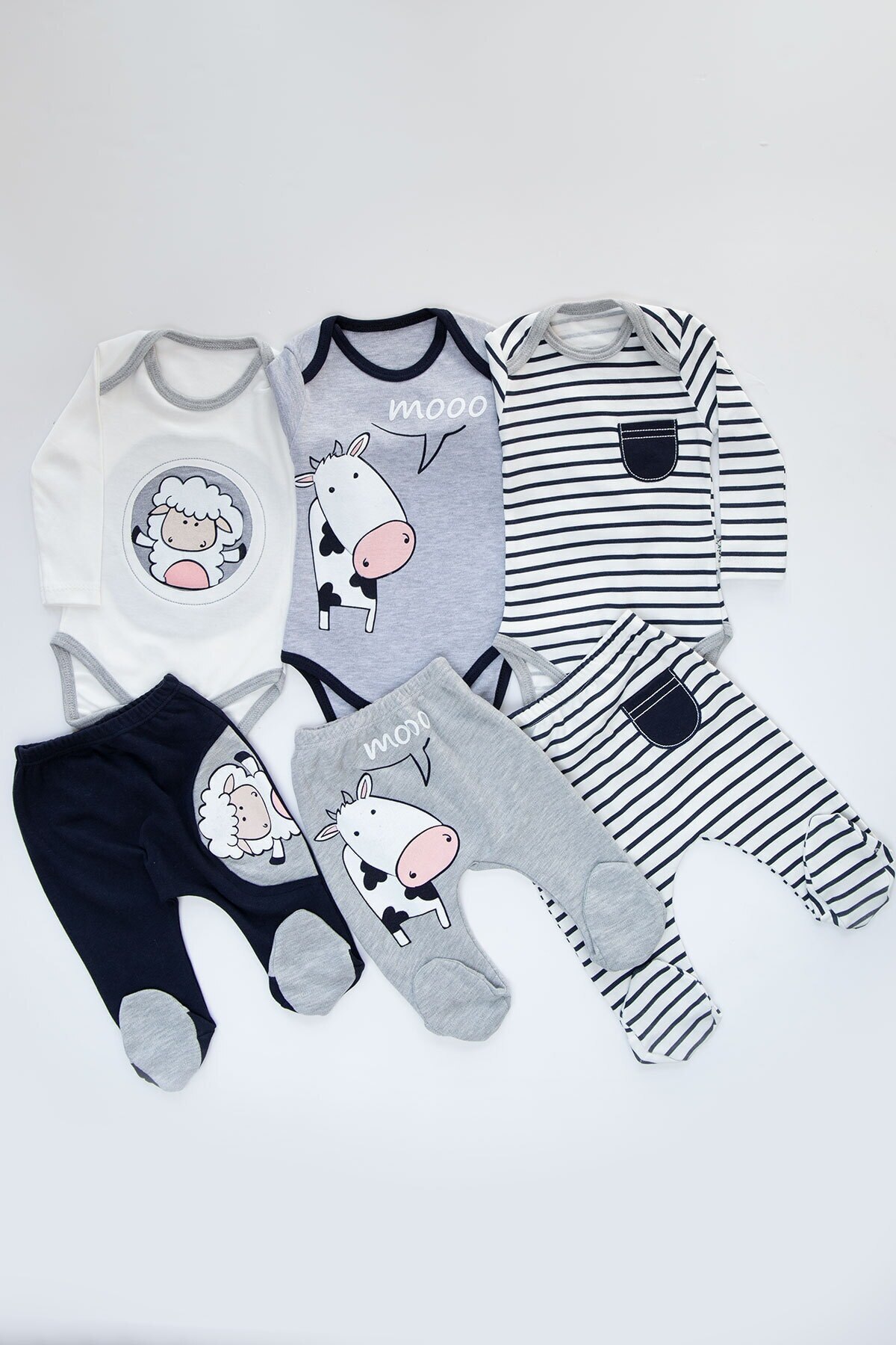 6 uds. De ropa Unisex para niños y niñas recién nacidos, patrón de 6 piezas, traje de 3 piezas, Snaps algodón, 0 a 9 meses, 100: Lamb-Cow / 6 meses