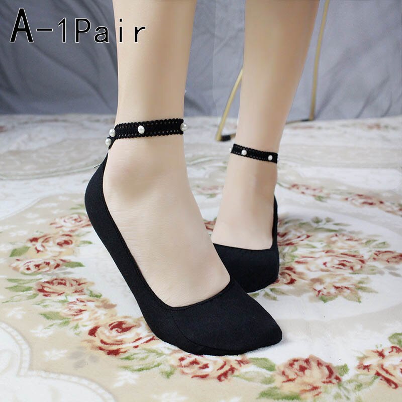 Calcetines cortos transpirables de encaje Floral para mujer, medias finas suaves de estilo coreano, con perlas, para primavera y verano, 1 par: A