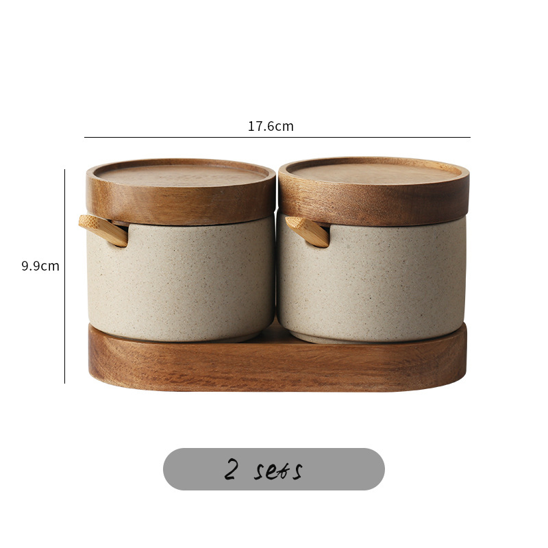 Kitchen Ceramic Jar Porcelain Seasoning Container Clay Condiment Storage Bottle Pottery Can for Salt Sugar Spice with Spoon Lid: 2 Sets A Style