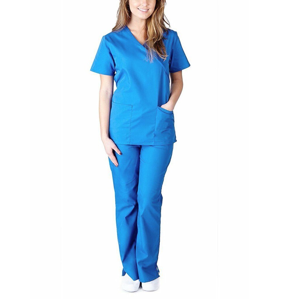 Frauen Labor Anzug Krankenschwester Uniformen Arbeit setzt Kurzarm V-ausschnitt Spitzen + Hosen Anzug Schönheit Salon Healthcare Peeling einstellen A50: BU / XL