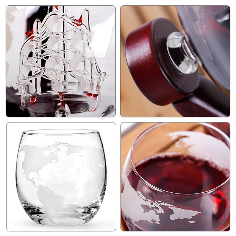 Decantador de whisky globo aireador de vino, conjunto de cristal de calavera de velero dentro de cristal con soporte de madera fina, decantador de licor para taza de Vodka