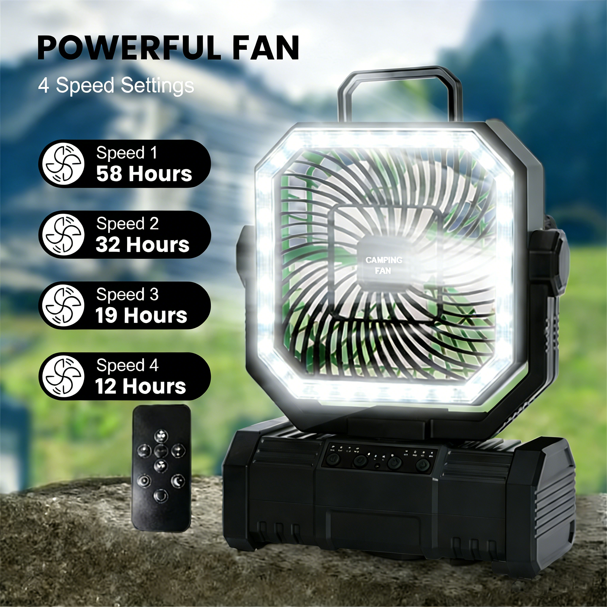 Ventilator de camping alimentat cu baterii de 20000 mah cu cârlig de agățare cu rotație de 360 ° pentru corturi de pescuit, ventilator de tavan reîncărcabil pentru camping