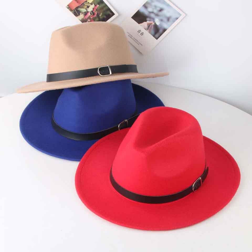 Klassieke Britse Fedora Hoed Brede Rand 8Cm Mannen Vrouwen Imitatie Wollen Winter Vilten Hoeden Mode Jazz Hoed Met Zwarte lederen Gesp