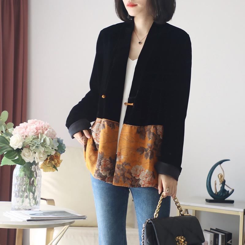 Lady Chinese Style Velvet Coat Women Retro Print Qipao Button Top Black Yellow Loose Blouse Patchwork Jackets Tops Robes