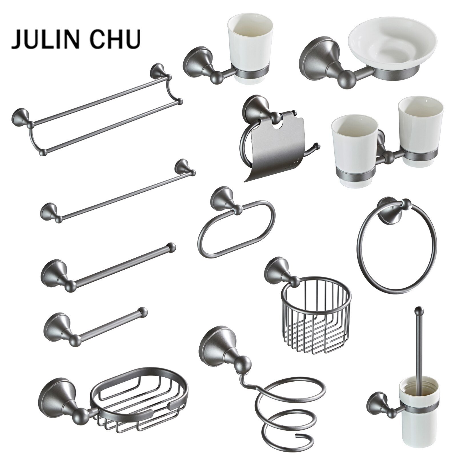 Grey Bathroom Hardware Set Brass Wall Mouted Toilet Brush Holder WC Paper Towel Roll Rack Soap Dish Bath Accessories Equipment
