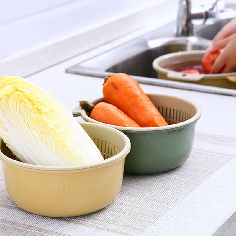 Colador de plástico de doble capa para cocina, cesta de drenaje, frutas y verduras cuenco para lavar, coladores