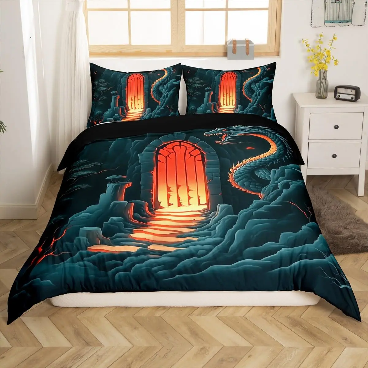 Japanese Building Duvet Cover Sets for Teens Queen Size Quilt Covers Lightweight Down 2 Pillowcases 1 Duvet Cover No Comforter