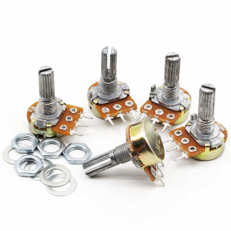 Produktbild von 10x WH148 Zweifach-Potentiometer B1M – Vertikal, 6 Stifte, 1M Ohm, 15 Mm Welle, Inkl. Knöpfe & Muttern