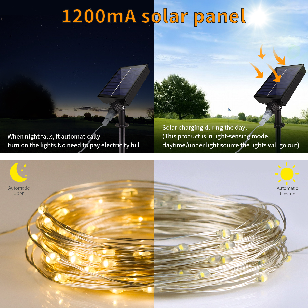 Solar Outdoor Garden Decoration Lights String Dimmable,Waterproof,Copper Wire Lamp Chain for Tree Camping Party Decor