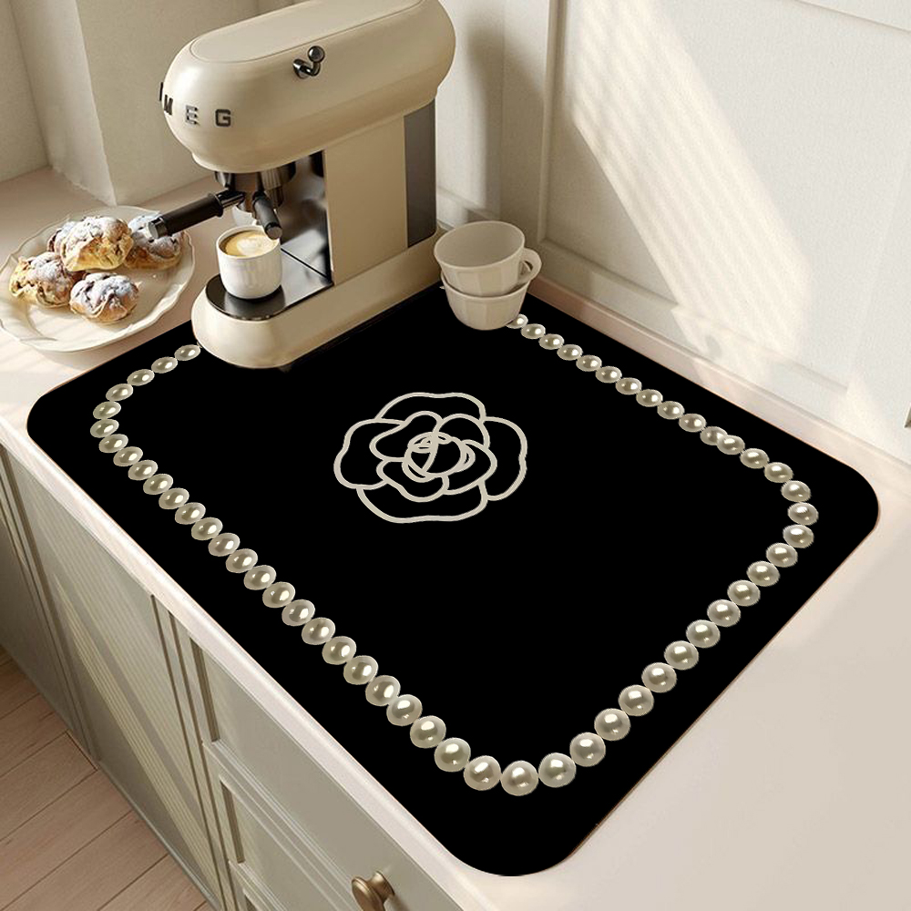 Vintage Franse stijl bedrukte koffiemachine mat aanrecht snelle wateropname gebruiksvoorwerp droogmat desktop drainagemat: XS / Black