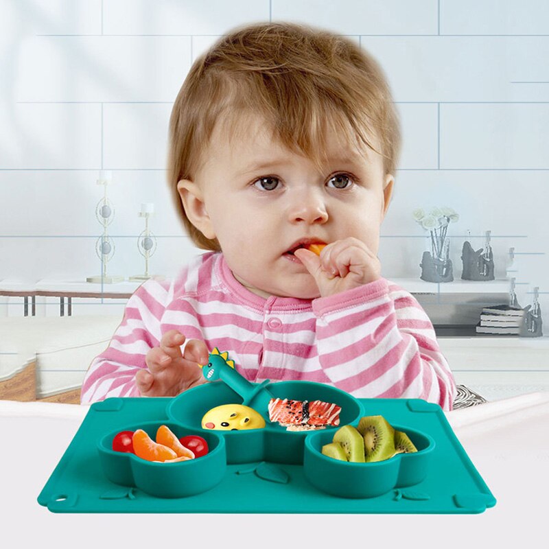 Prato de Silicone Alimentos Complementares de Formação do bebê Bacia de Alimentação Integrada infantil Ventosa Bandeja Talheres Anti-queda