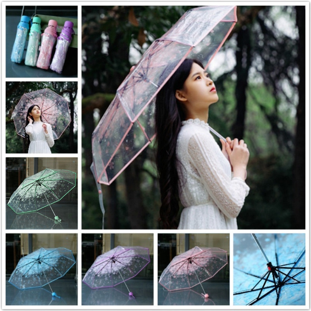 2020NEW 3 Fold Umbrella Cherry Blossom transparent three fold umbrella Transparent Clear Umbrella Blossom Mushroom