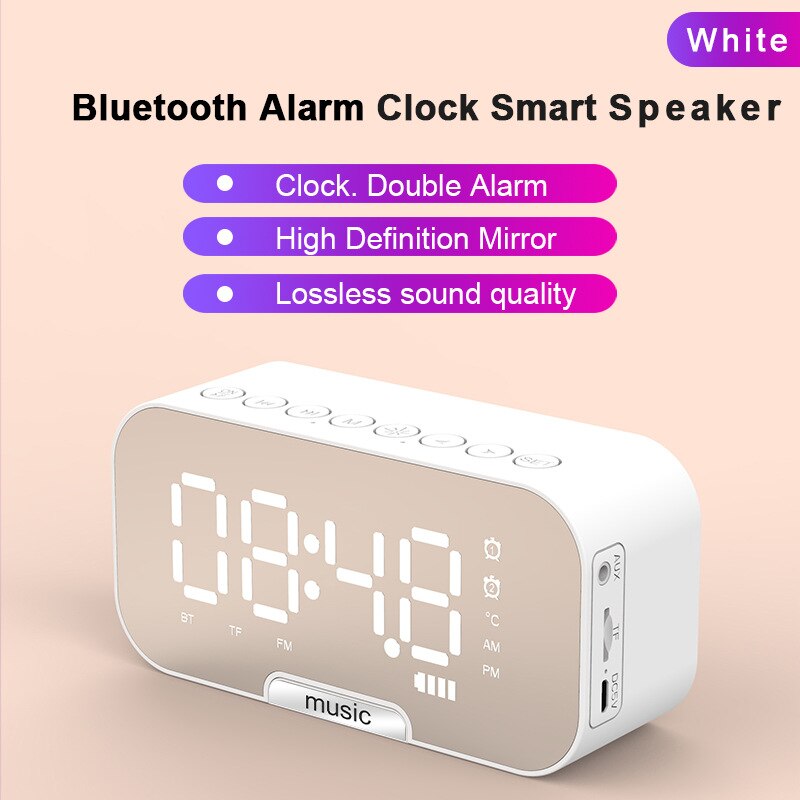 Smart väckarklocka fm-radio spegel bluetooth-högtalare termometer trådlös bluetooth-högtalare med lång batteritid stereohögtalare bilfestdekor: Vit