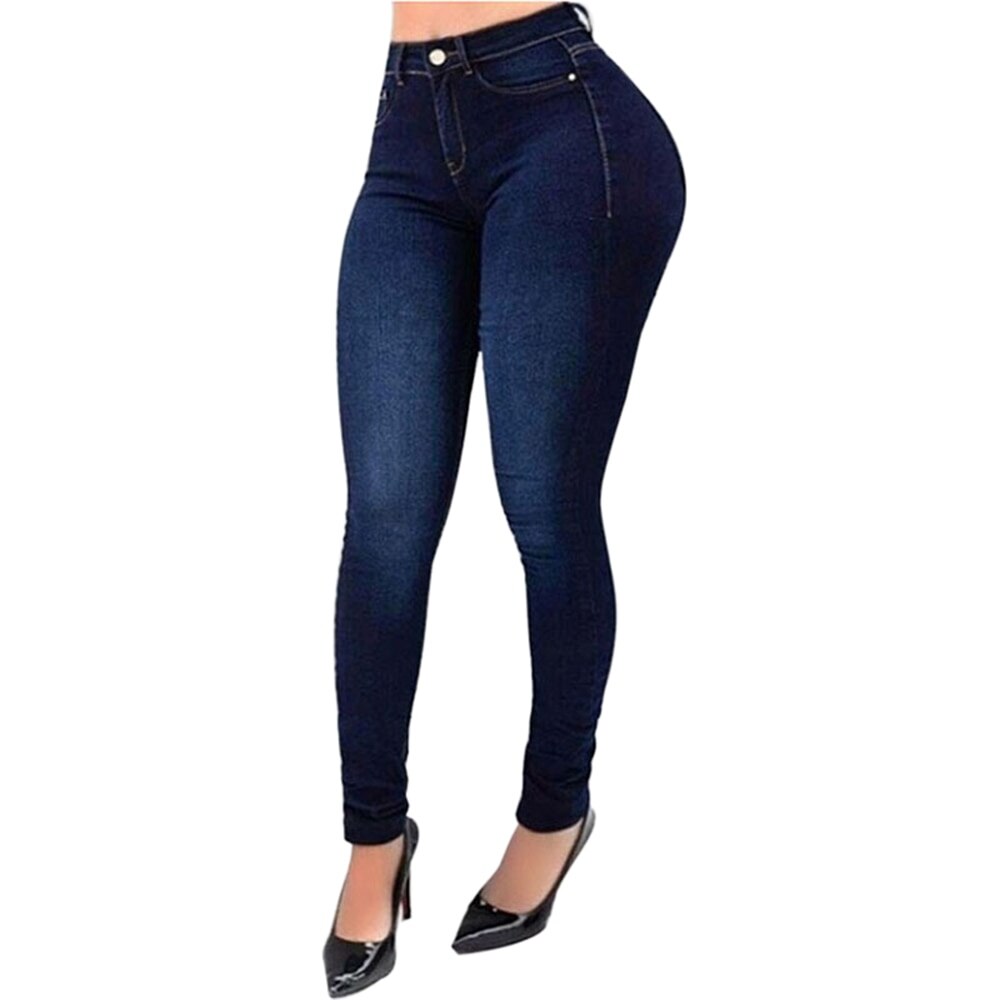 Femmes taille haute Denim maigre jean Stretch pantalon mince mollet longueur jean décontracté bouton bureau dame pantalon grande taille: dark blue / Asian Size S