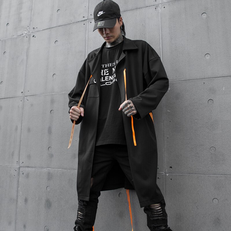 Abrigo Extra largo estilo harajuku para hombre, ropa de calle Punk rock, color negro, Otoño e Invierno