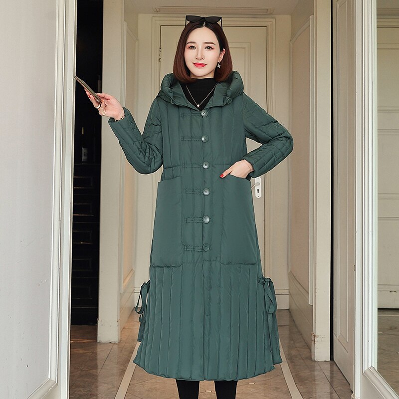 Vinter x-lang parka til kvinder solide jakker slanke tykke hættebeklædte bomuldspolstrede frakker oversized kontor dame manteau femme: Grøn / Xl
