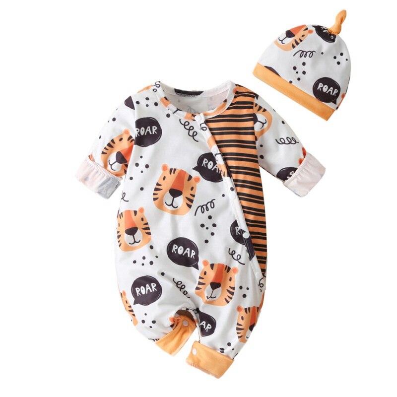 Newborn Baby Boys Girls Clothes Cartoon Animal Pattern 2Pcs Outfits Set Long Sleeve Jumpsuits+Hat Infant Toddler Clothing Suit12: 12M