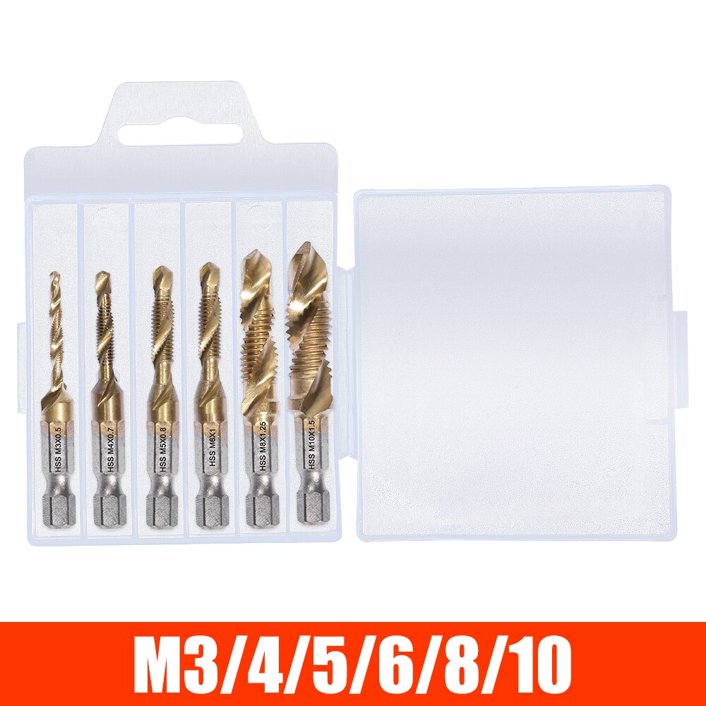 Metric Thread Tap Drill Bits Set Hex Shank Titanium Plated HSS Screw Thread Combination Drill Tap M3 M4 M5 M6 M8 M10 Hand Tools: 6 Pcs Gold / Standard