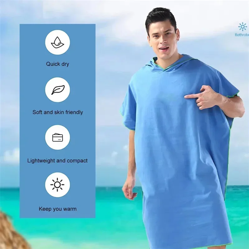 Microvezel badjas met capuchon voor heren en dames, snel drogend, voor zwemmen, strand, reizen, wisselen van kleding, badhanddoek, surfponcho, sauna, spelen