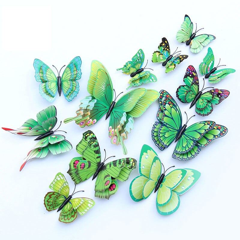 3D Vlinder Magneet Muur Sticker 12 Stuks Multicolor Dubbele Laag Vleugels Creatieve Butterflie Woondecoratie Accessoires 3D Stickers: Green