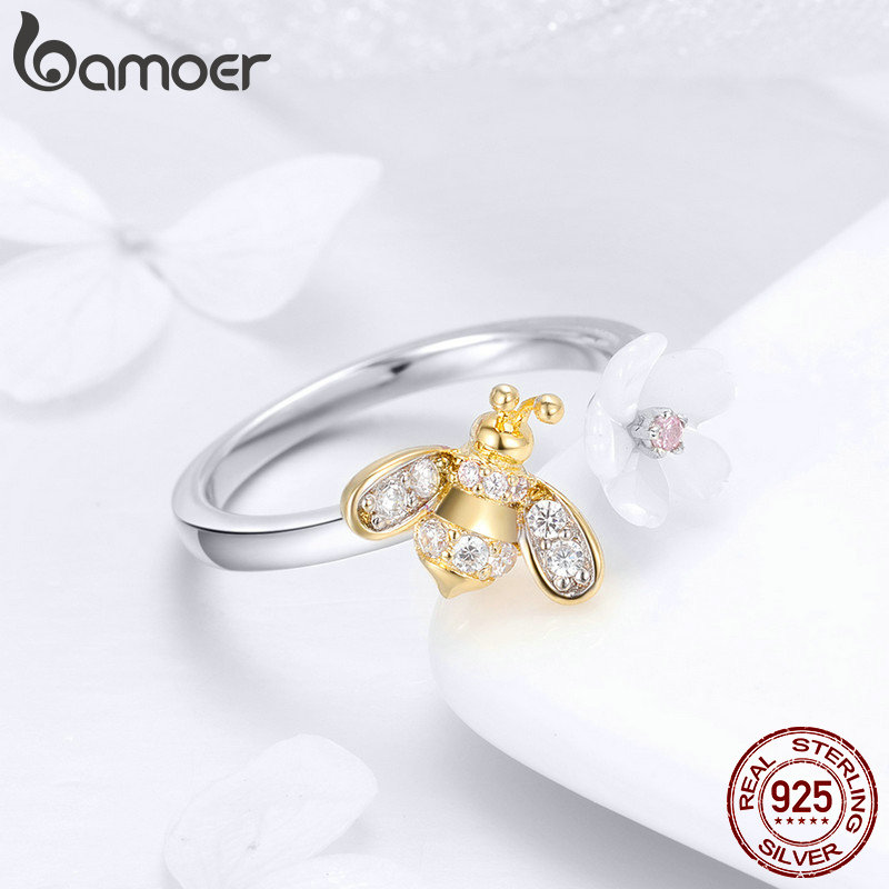 Bamoer 100% 925 Sterling Zilver Verstelbare Bee En Honing Bloem Zoete Wens Vinger Ringen Voor Vrouwen Party Zilveren Sieraden BSR013