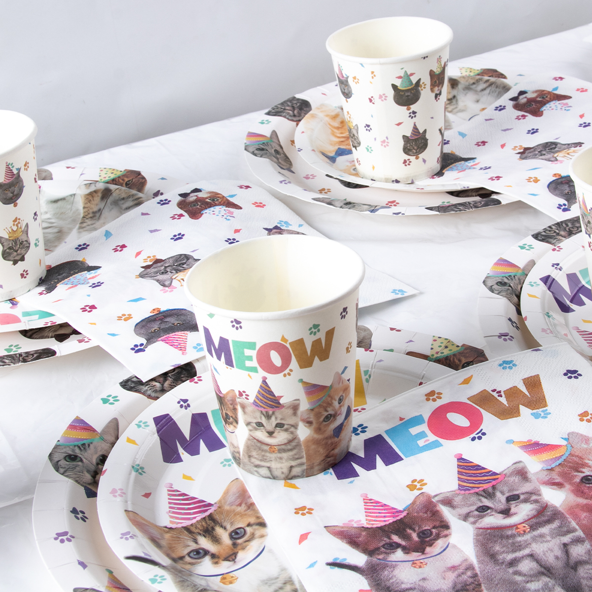 Decoración de de cumpleaños para gatos, pancarta de papel, plato, taza, adorno para pastel, juego de vajilla desechable, suministros para fiestas temáticas de gatos para niños