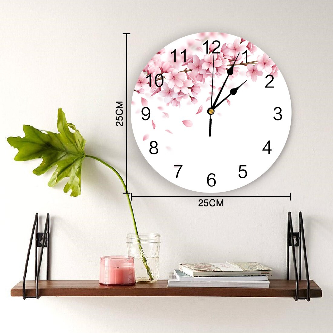 Cherry Blossom Pink Illustration Wall Clock Living Room Decor Home Bedroom Decor PVC Wall Watch Circular Wall Digital Clock