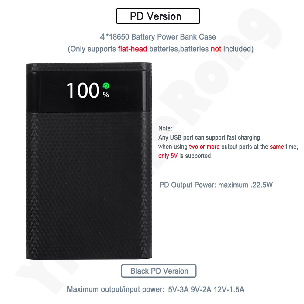 4x18650 Battery Charge Storage Box 5V Dual USB 22.5W PD Fast Type C DIY Power Bank Case For Android Micro USB Smart Phones: PD Black