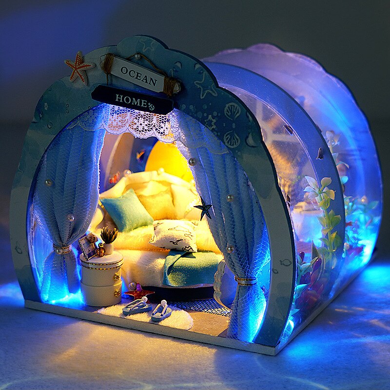 Diy Houten Poppenhuis Miniatuur Meubels Met Led Licht Kit Oceaan Prinses Kamer Poppenhuizen Monteren Speelgoed Kinderen