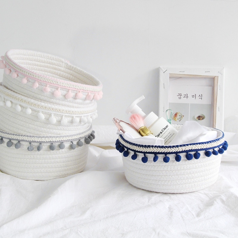 Household White Laundry Basket Unique Woven Wool Ball Storage Basket Home Decoration Cotton Thread Storage Basket