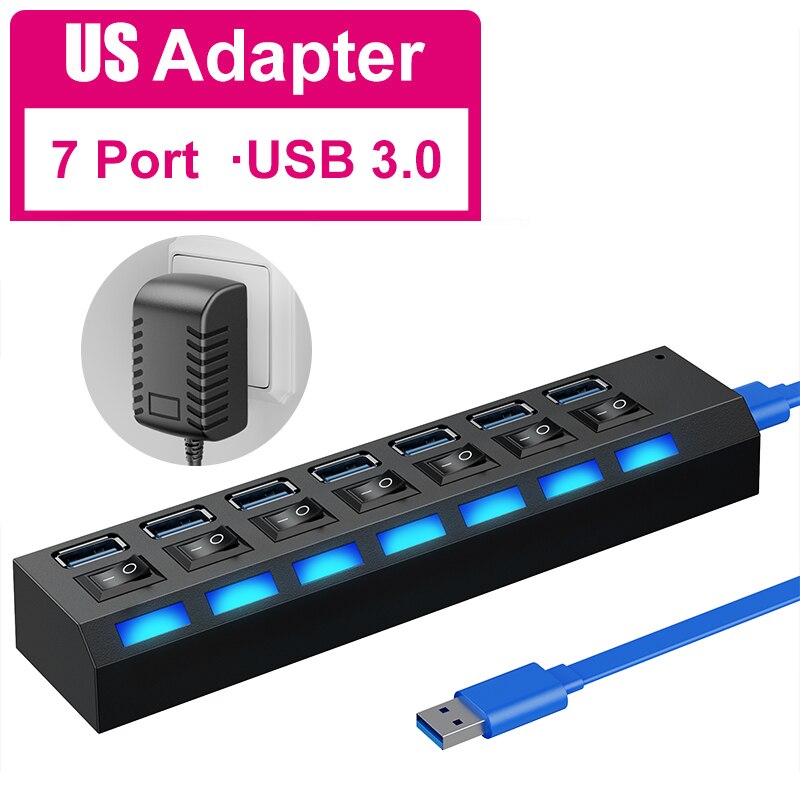 HUB USB 3.0 à plusieurs ports avec interrupteur, répartiteur pour PC, adaptateur d&#39;alimentation multiple USB 2.0: USB3.0 7Port With US