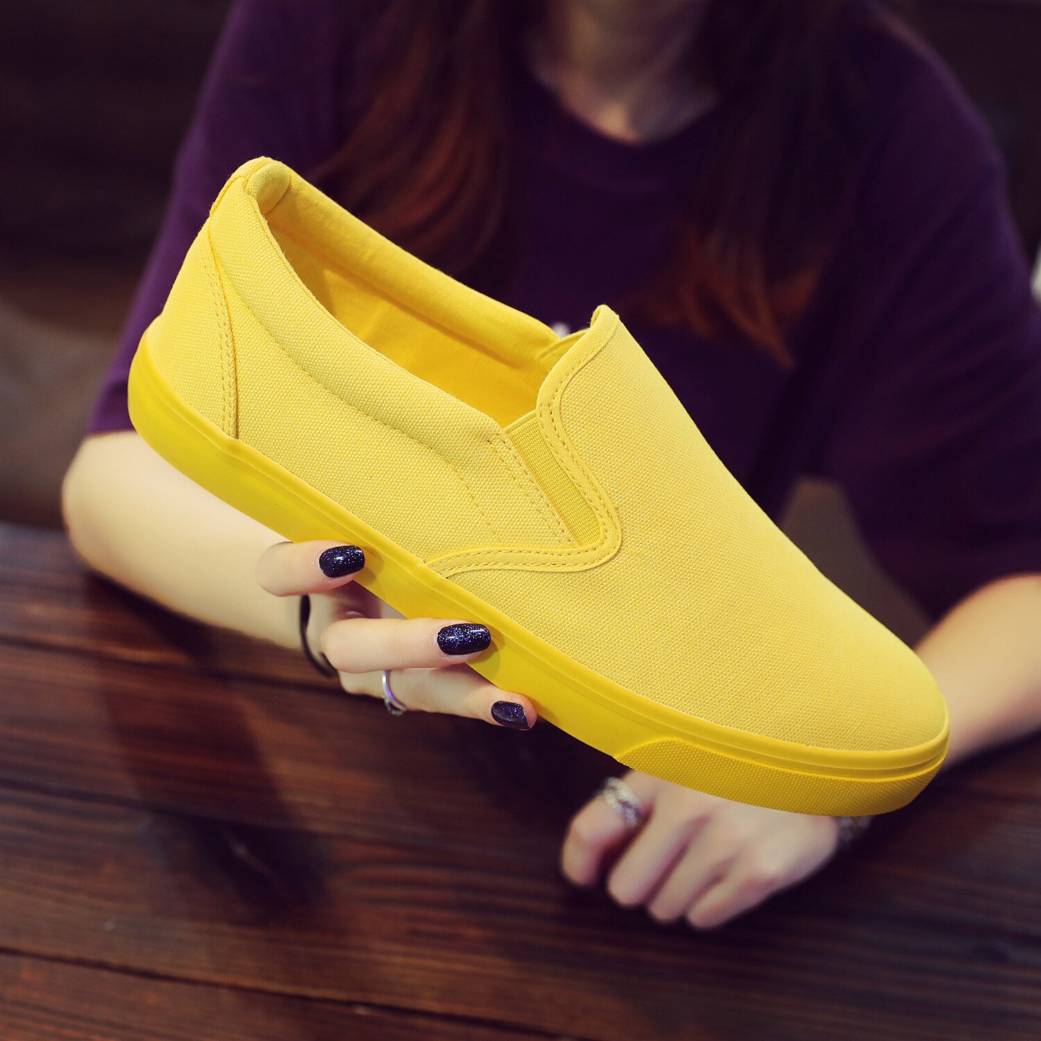 Kvinder gule slacker sko dame fritidssko flad sål low-top åndbar lærred sko piger orange sko slip on loafers 35-40