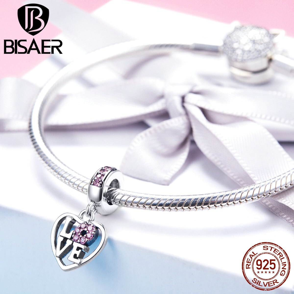 BISAER Valentines 925 Sterling Silver LOVE Heart Shape Pink Zircon Charms Beads fit Women Bracelets Jewelry Making ECC1044
