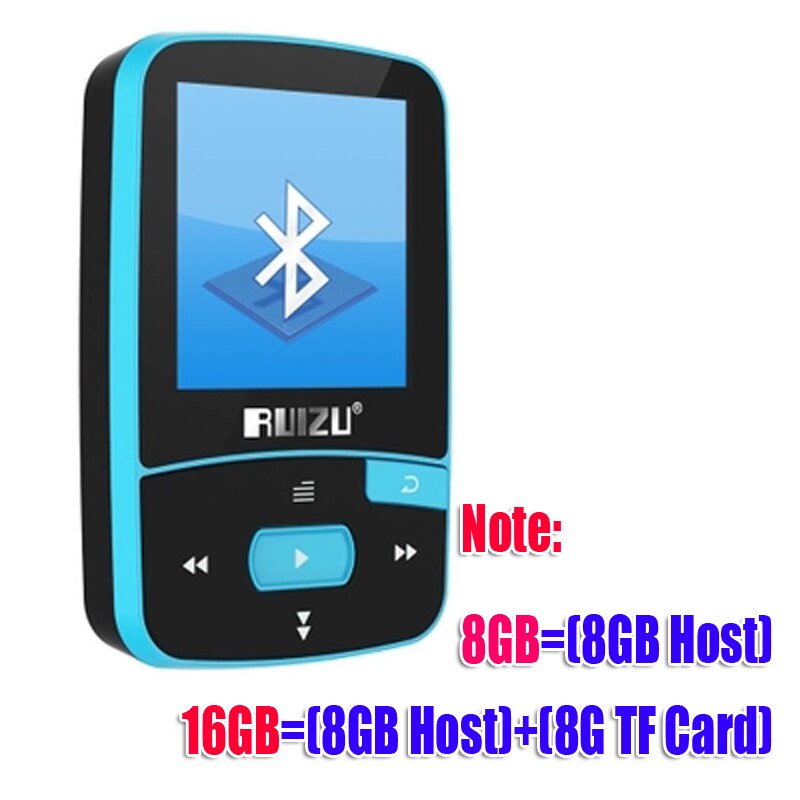 RUIZU X50 Sport Bluetooth MP3 player 8GB mini clip, with screen support FM, recording, e-book, clock, pedometer, SD card, clip: CX-MP3-X50-Blue / 8GB